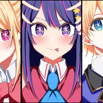 Oshi no Ko–style forum avatar: three close-up anime characters — center dark-purple-haired girl with starry eyes and a playful tongue, flanked by two blond student characters.