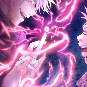 Jujutsu Kaisen anime forum avatar/pfp: intense close-up of Gojo vs Sukuna, faces and fingers nearly touching amid swirling, crackling pink energy.