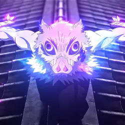 Anime forum avatar: Inosuke (Demon Slayer) in his boar mask, crouched on a rooftop with vivid blue-purple neon lighting.
