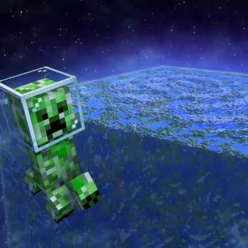 Minecraft creeper forum avatar floating over a blue-green planet amid stars — a video game pfp.