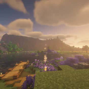 Minecraft video game forum avatar/pfp: sunlit lakeside scene with wooden dock, purple flowers, a small campfire and blocky hills under glowing clouds at sunset.