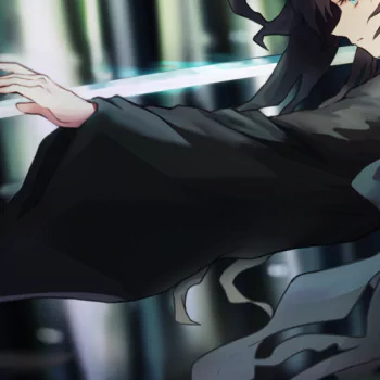 Forum avatar of an anime character from Demon Slayer: Kimetsu no Yaiba — cropped profile with flowing black robe and a glowing sword.