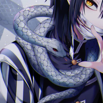 Forum avatar of Obanai Iguro from Demon Slayer: close-up of his bandaged lower face, golden eye and white snake coiled around his neck.