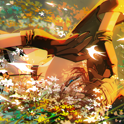 Anime Bungou Stray Dogs forum avatar: blond character with blue eye lying among white flowers, gloved hand shading face in warm golden light.
