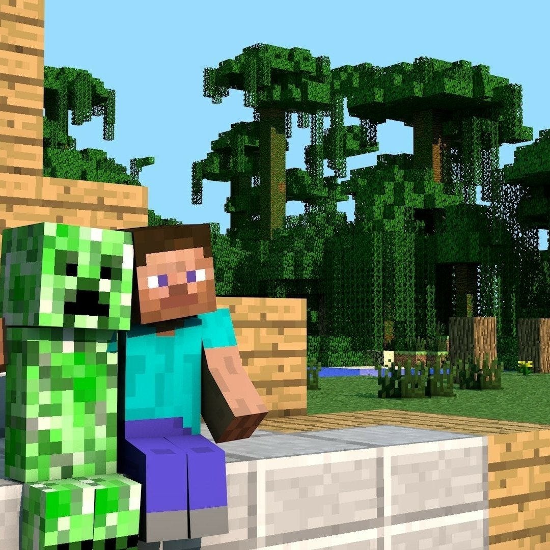 Minecraft-themed forum avatar showing the player character Steve sitting next to a Creeper in a blocky forest environment.