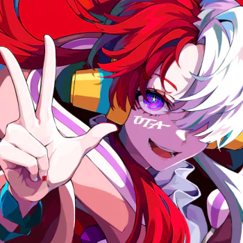 Forum avatar of Uta (One Piece): vibrant anime close-up with red-and-white hair, glowing purple eye, mischievous grin, peace-sign hand and colorful headset.