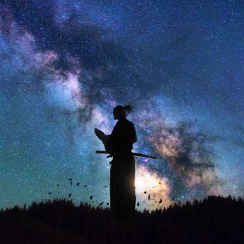 Anime-style forum avatar: silhouette of Miyamoto Musashi (Vagabond) samurai with dual swords standing beneath a vivid Milky Way night sky.