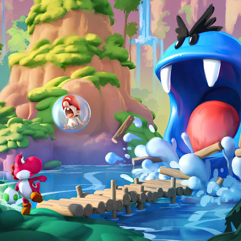 Video game forum avatar/pfp: Mario in a bubble with Yoshi facing a giant blue chomper on a rickety wooden bridge over a jungle stream.