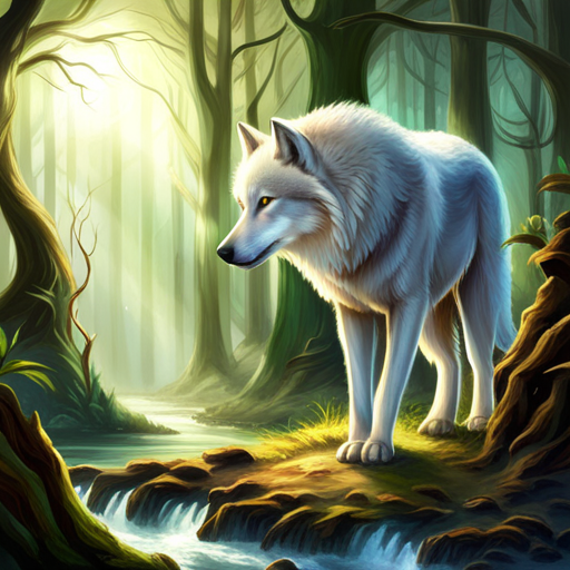 Fantasy wolf forum avatar/pfp: a white wolf stands on a mossy stream bank in an enchanted forest, sunlight filtering through tall, ancient trees.