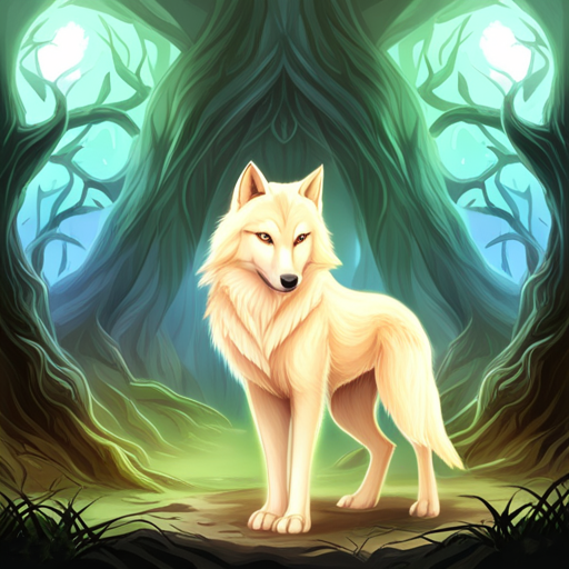 Fantasy-themed profile avatar featuring a majestic white wolf standing in an enchanted forest with glowing blue-green hues and twisted tree trunks.