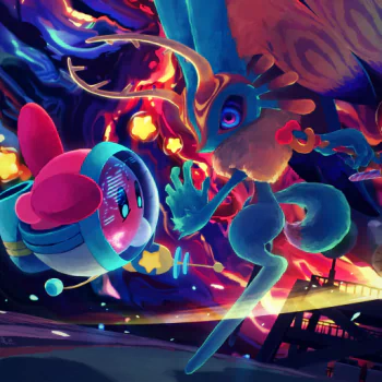 Video game forum avatar of Kirby in a glossy helmet facing a whimsical, neon-lit deer-like creature in a vibrant cityscape.