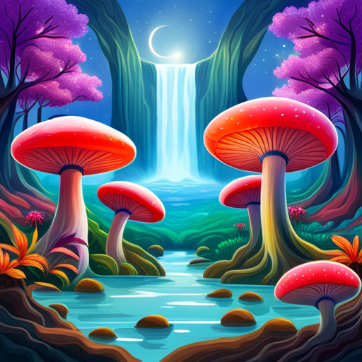 Magical Mushrooms in a Forest with a Waterfall by Phantom_Stranger