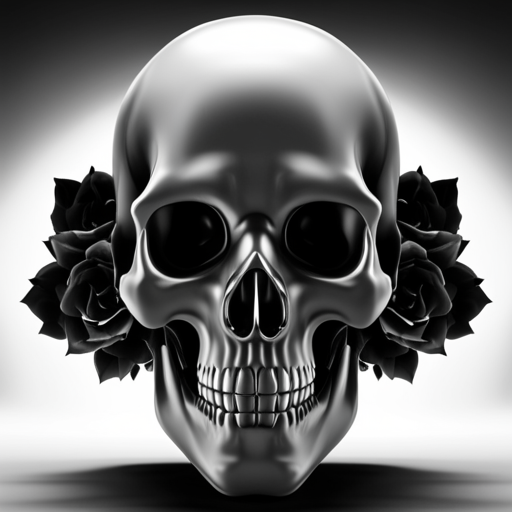 Smiling Silver 3D Skull with Black Rose by lonewolf6738