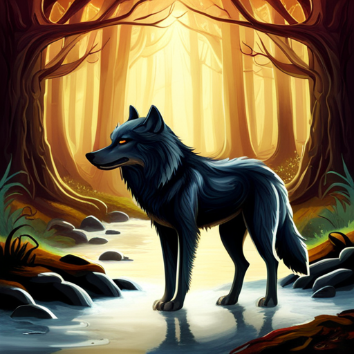 Fantasy-style black wolf with glowing eyes standing in a sunlit enchanted forest stream, stylized forum avatar/profile picture.