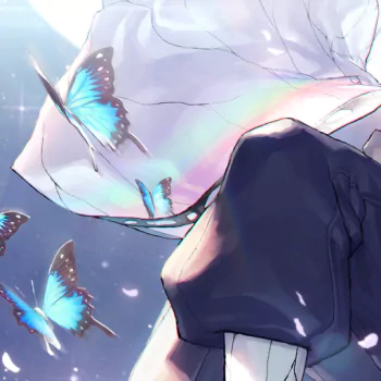 Forum avatar/pfp of an anime character from Demon Slayer: Kimetsu no Yaiba, showing a haori-clad torso with luminous blue butterflies.