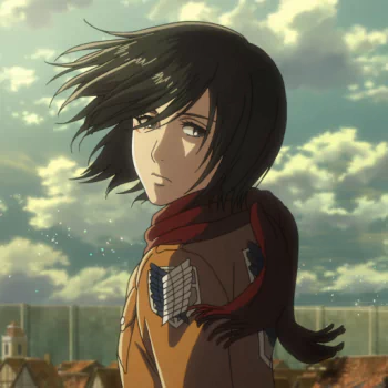 Forum avatar: anime portrait of Mikasa Ackerman from Attack on Titan, in a Survey Corps jacket and red scarf, windblown hair with cloudy sky and town in the background.