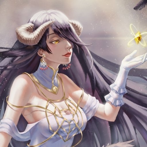 Anime-style avatar of a woman with long dark hair, ram-like horns, golden eyes, and intricate clothing, inspired by Overlord, holding a glowing star in her gloved hand.