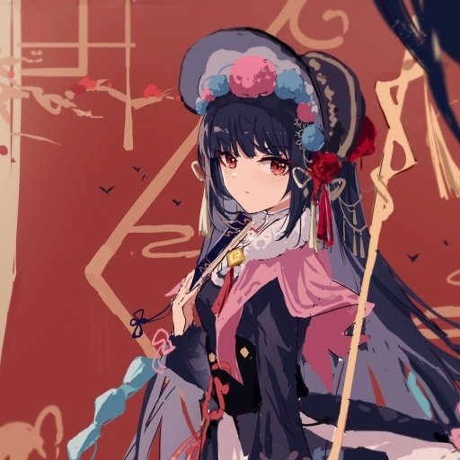 Forum avatar/pfp of a video game Genshin Impact–style character: dark-haired, red-eyed girl with a floral headpiece and ornate robe against a warm red backdrop.