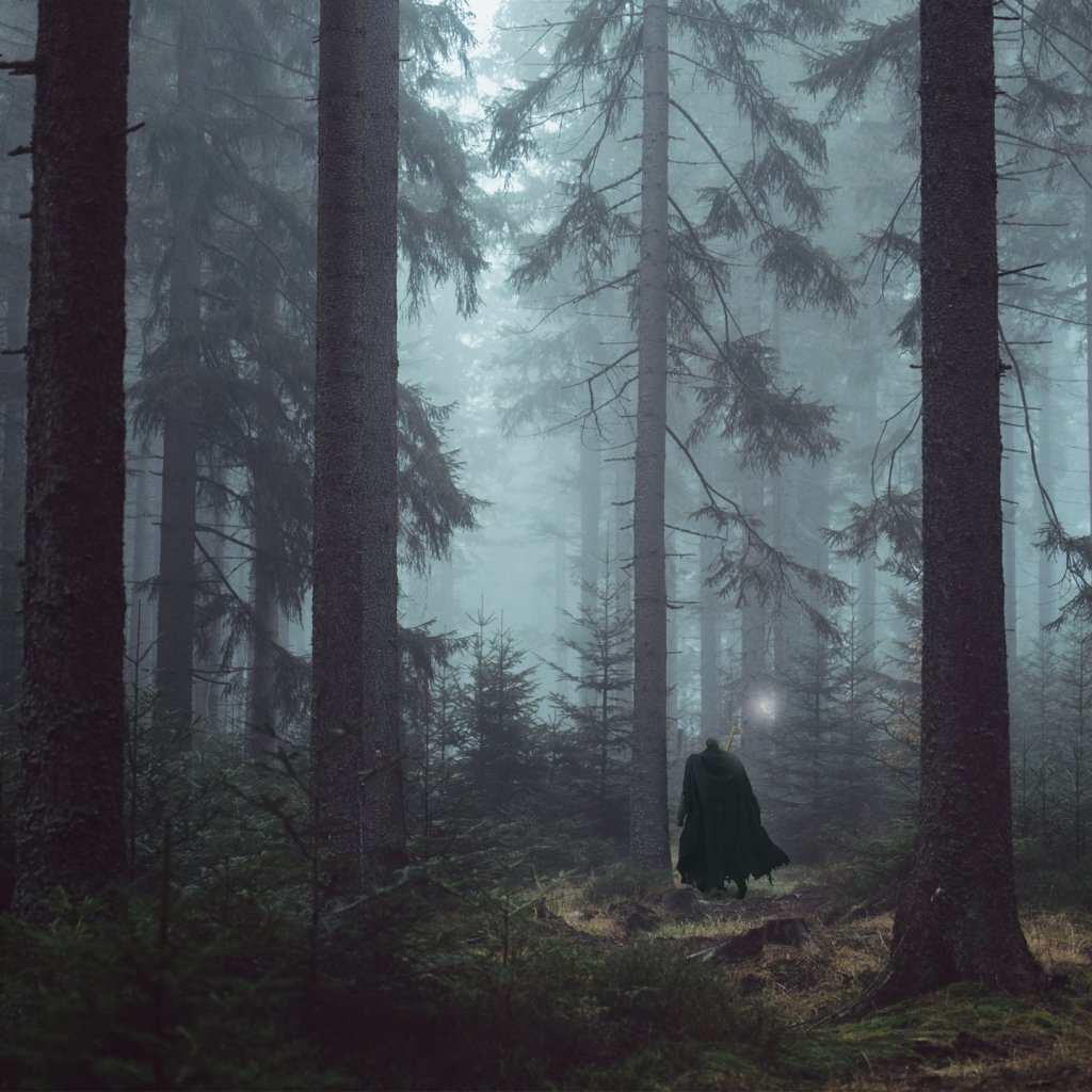 Anime Berserk forum avatar: lone cloaked warrior with sword in a fog-shrouded pine forest, a faint lantern glow at his feet.