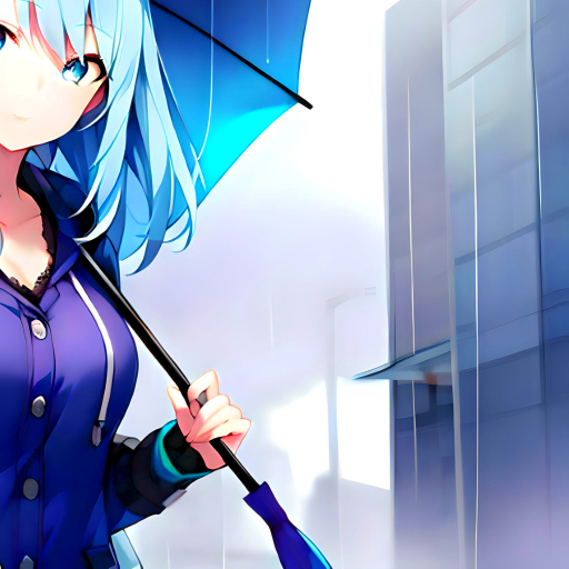 Anime girl forum avatar/profile photo: blue-haired girl holding an umbrella against a rainy cityscape background.