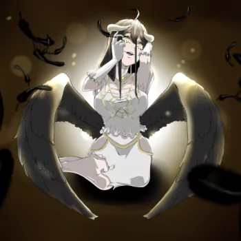 Anime Overlord forum avatar/pfp/profile photo: angelic female in a white dress with dark wings and golden eyes, clutching falling feathers amid a glowing halo-like light.