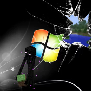 Forum avatar blending video game elements: a Minecraft Enderman holding a grass block beside a shattered Windows logo revealing a Minecraft landscape.