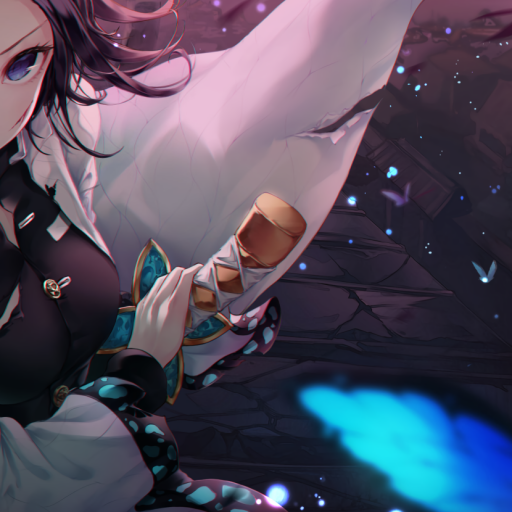 Close-up anime avatar of a Demon Slayer: Kimetsu no Yaiba character gripping a sword, set against a dark, mystical background with glowing blue accents.