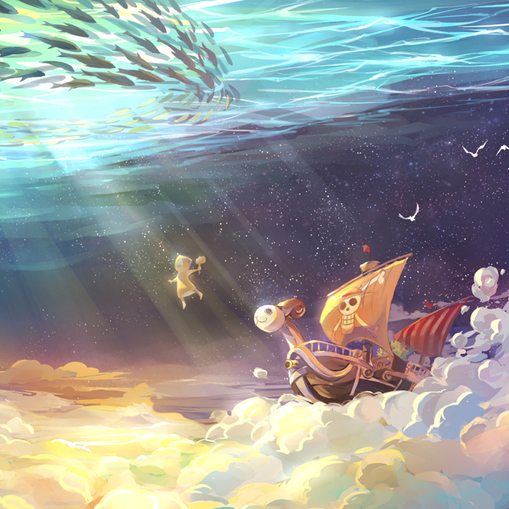 Anime-style One Piece forum avatar featuring the Thousand Sunny ship sailing through clouds beneath an underwater sky with light rays and a small figure reaching upward.