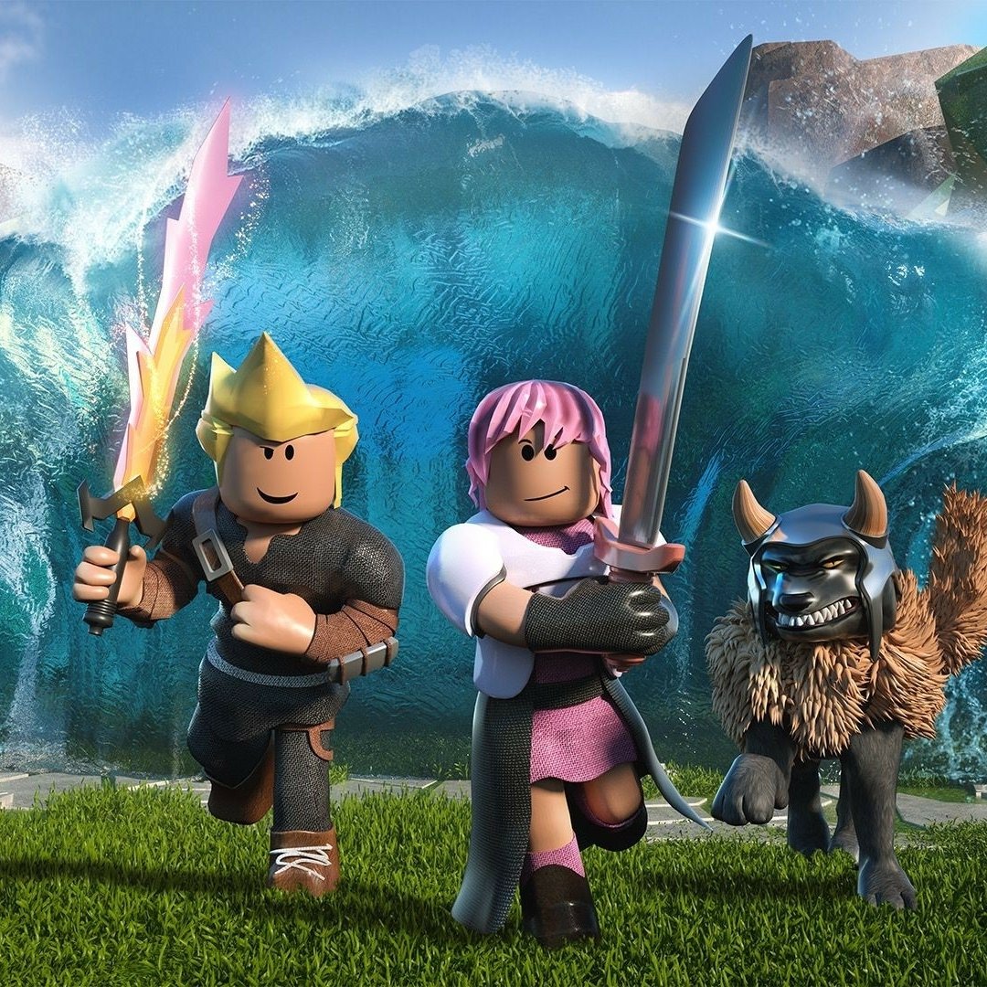 Roblox video game profile avatar showing three stylized characters—blond warrior with glowing blade, pink‑haired hero with large sword, and an armored wolf—running on grass with a towering wave behind.