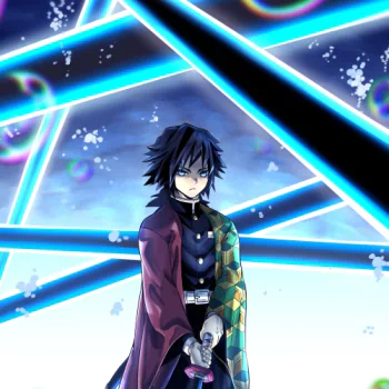 Anime-style forum avatar of Giyu Tomioka from Demon Slayer: Kimetsu no Yaiba, holding his Nichirin sword amid glowing blue geometric light effects.