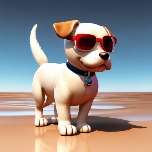 Avatar image of a cartoon dog wearing red sunglasses and a blue collar, standing on a reflective surface under a clear sky.