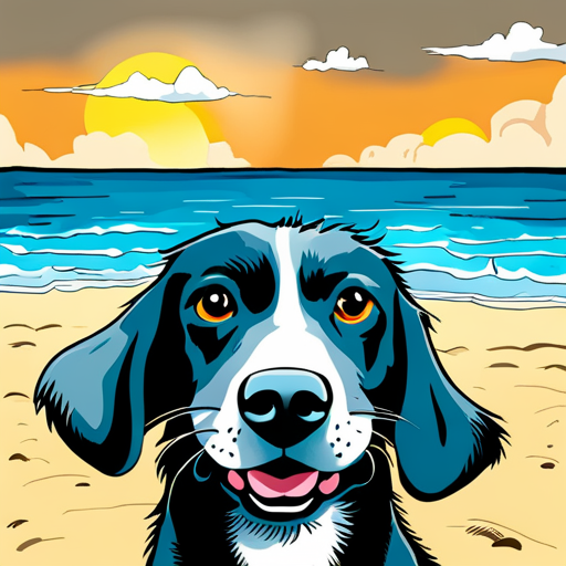 A colorful forum avatar featuring a happy black and white dog with expressive eyes on a sunny beach background with ocean waves and clouds.