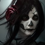 Dark, eerie portrait of a woman with skull-like face paint and a large red rose in her hair, creating a haunting and mysterious forum avatar.
