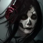 Dark, eerie portrait of a woman with skull-like face paint and a large red rose in her hair, creating a haunting and mysterious forum avatar.