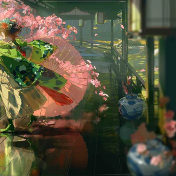 Anime girl profile avatar: anime-style kimono-clad girl with a pink parasol amid falling cherry blossoms in a sunlit traditional interior.