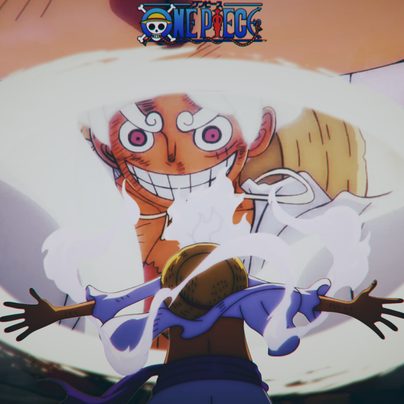 Forum avatar/pfp of Monkey D. Luffy (Gear 5) from One Piece, grinning wildly amid swirling smoke and energy, backlit with arms outstretched and the One Piece logo above.