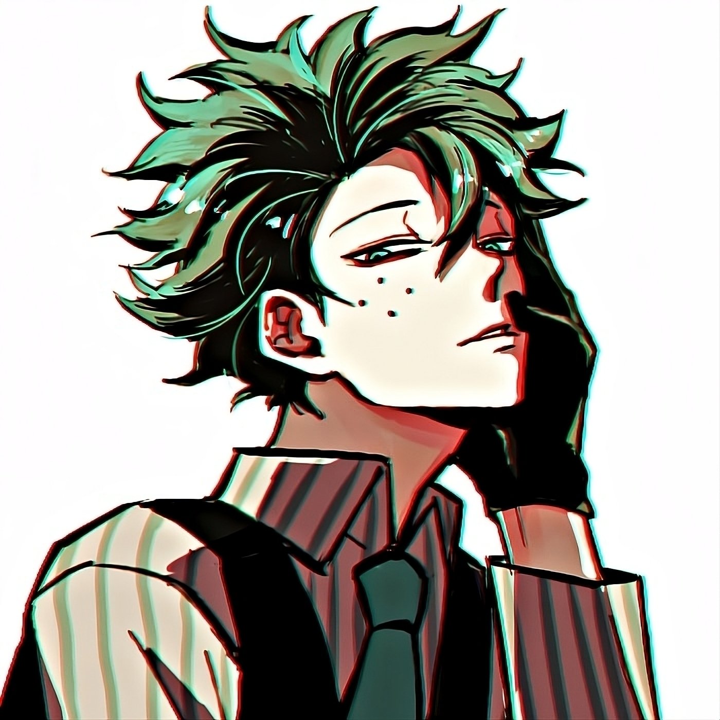 Stylized anime portrait of Izuku Midoriya (My Hero Academia) with tousled green hair, striped shirt, tie and glove, posed as a moody forum avatar/pfp.