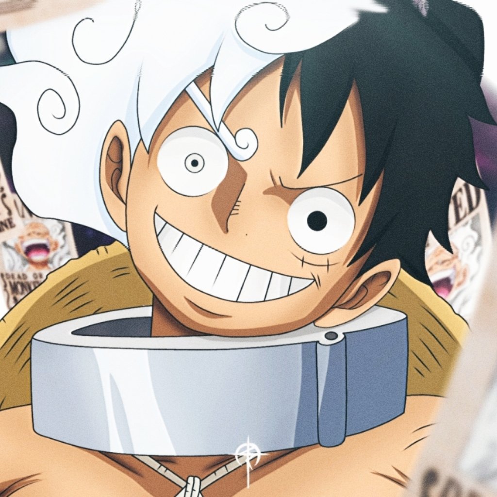 Anime-style avatar of Monkey D. Luffy from One Piece in his Gear 5 form, featuring his signature wide grin and spiraling steam effects.