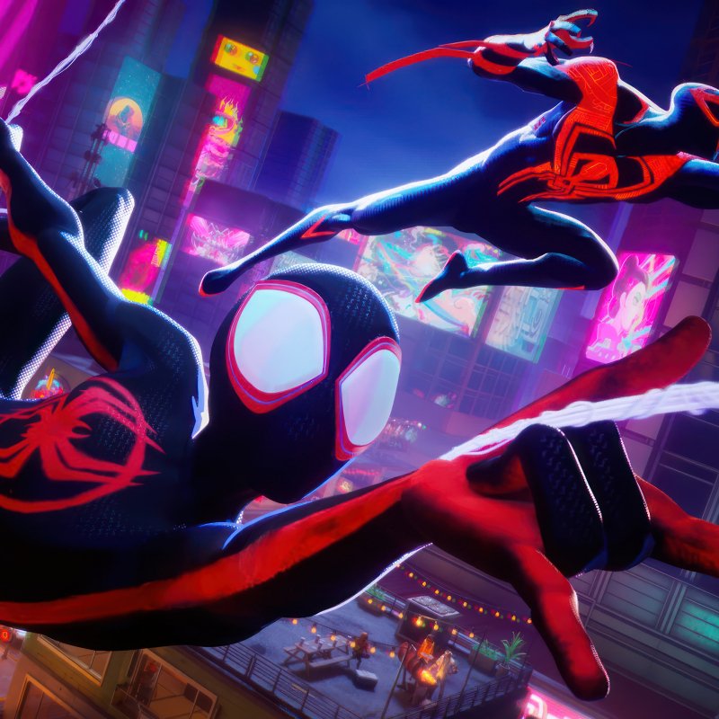 Video game forum avatar/pfp: Fortnite-style black-and-red Spider-Man figures web-swinging through a neon-lit city skyline.