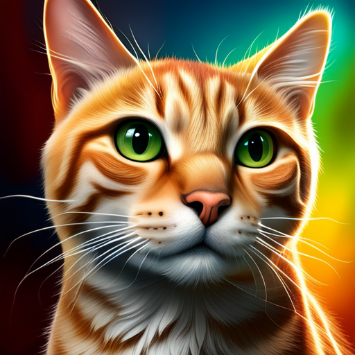 Stylized digital forum avatar/pfp of an orange tabby cat with vivid green eyes and a glowing multicolored background.