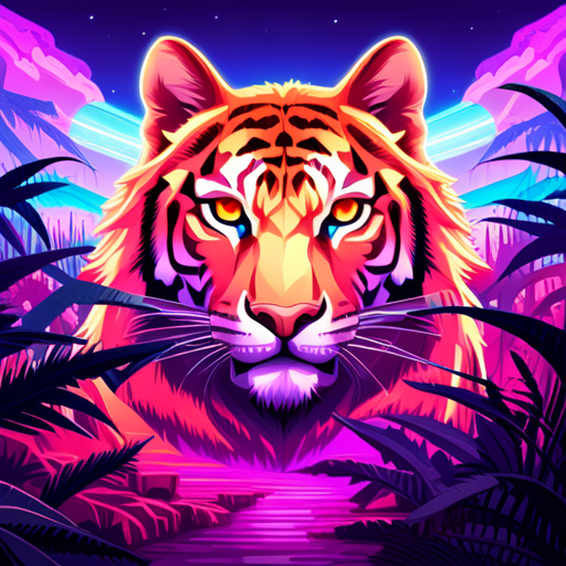 Vibrant, neon-colored tiger face framed by tropical foliage and a glowing sunset, used as a striking animal-themed forum avatar.