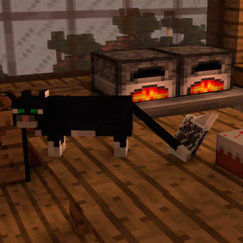 Minecraft forum avatar/pfp: pixelated black-and-white cat in a wooden room with two lit furnaces, cake on the floor and a small item frame — cozy in-game scene.