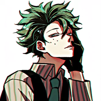 Stylized anime portrait of Izuku Midoriya (My Hero Academia) with tousled green hair, striped shirt, tie and glove, posed as a moody forum avatar/pfp.