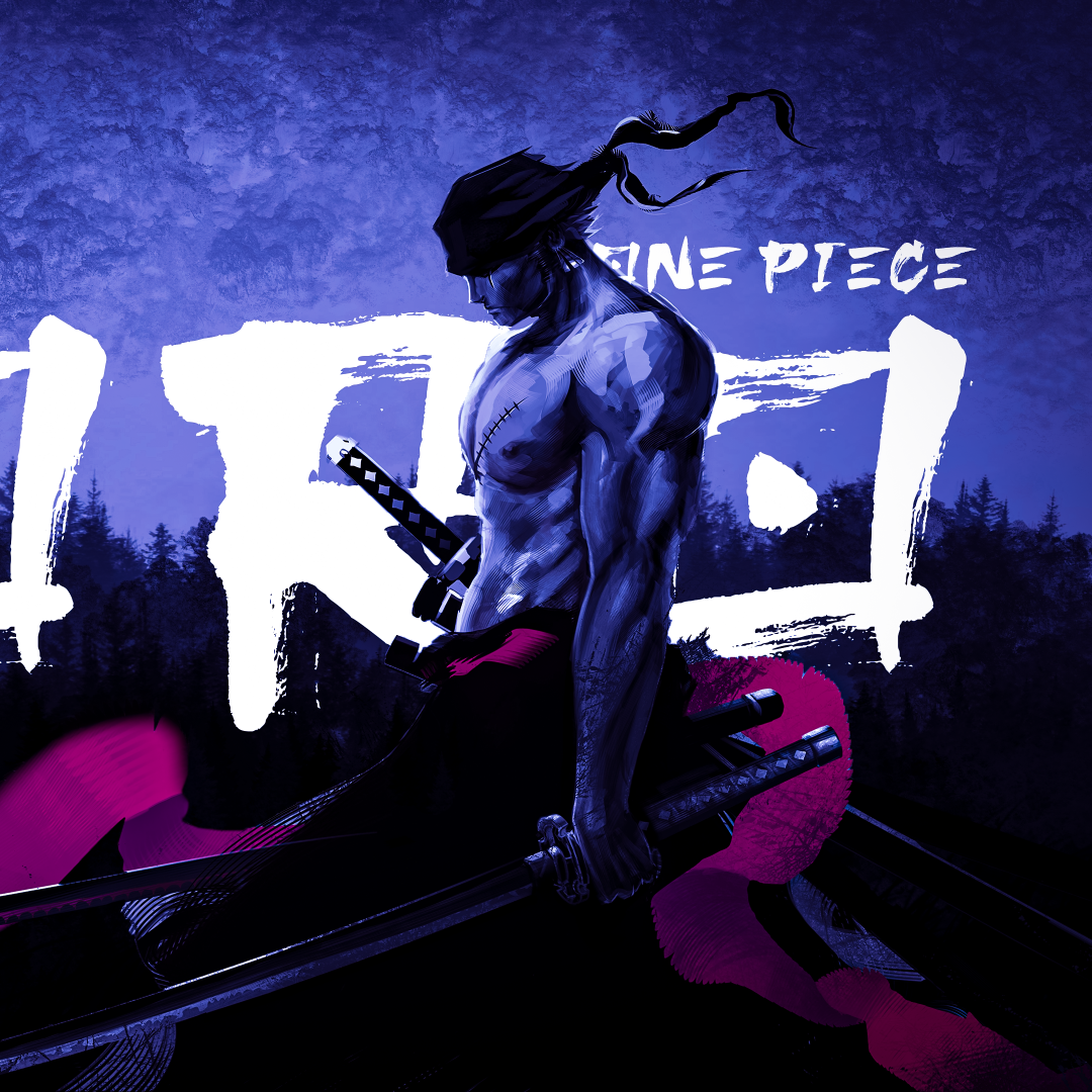 Anime-style One Piece avatar featuring a muscular, sword-wielding character standing against a dark, moody background with bold text elements.