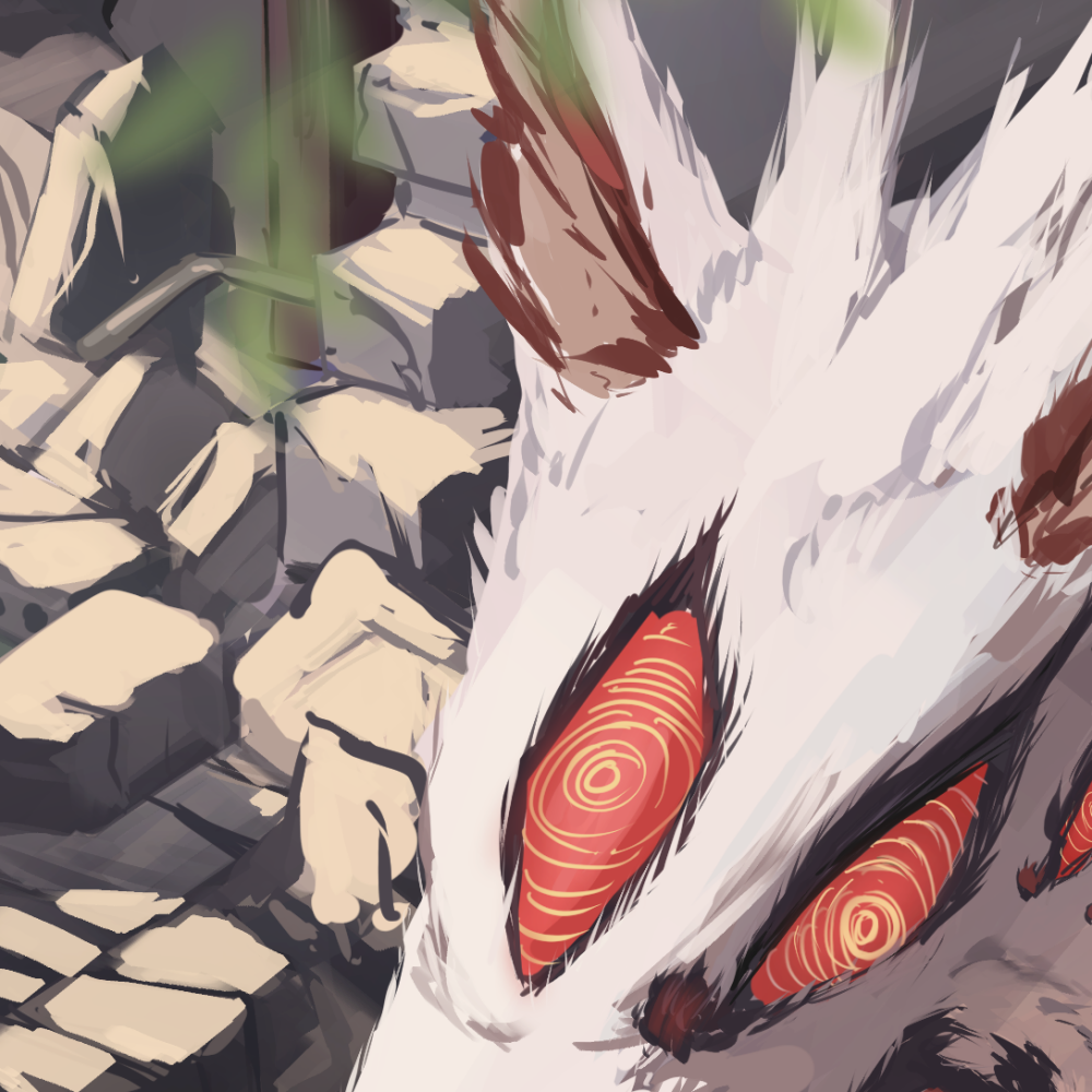 Anime Chainsaw Man forum avatar: close-up of a white, fox-like demon face with swirling red eyes and torn fur against a shattered stone background, stylized pfp/profile photo.