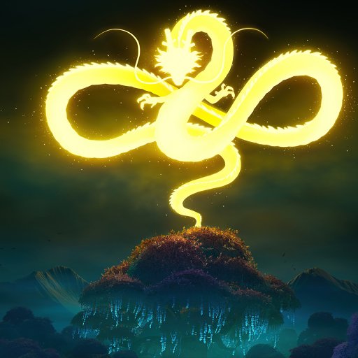 Fortnite forum avatar/pfp showing a glowing golden dragon forming an infinity symbol as it hovers above a misty, tree-covered hill at night.