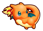 Anime-style Pokémon forum avatar/pfp: chubby, curled-up Charmander with big blue eyes and a friendly smile.