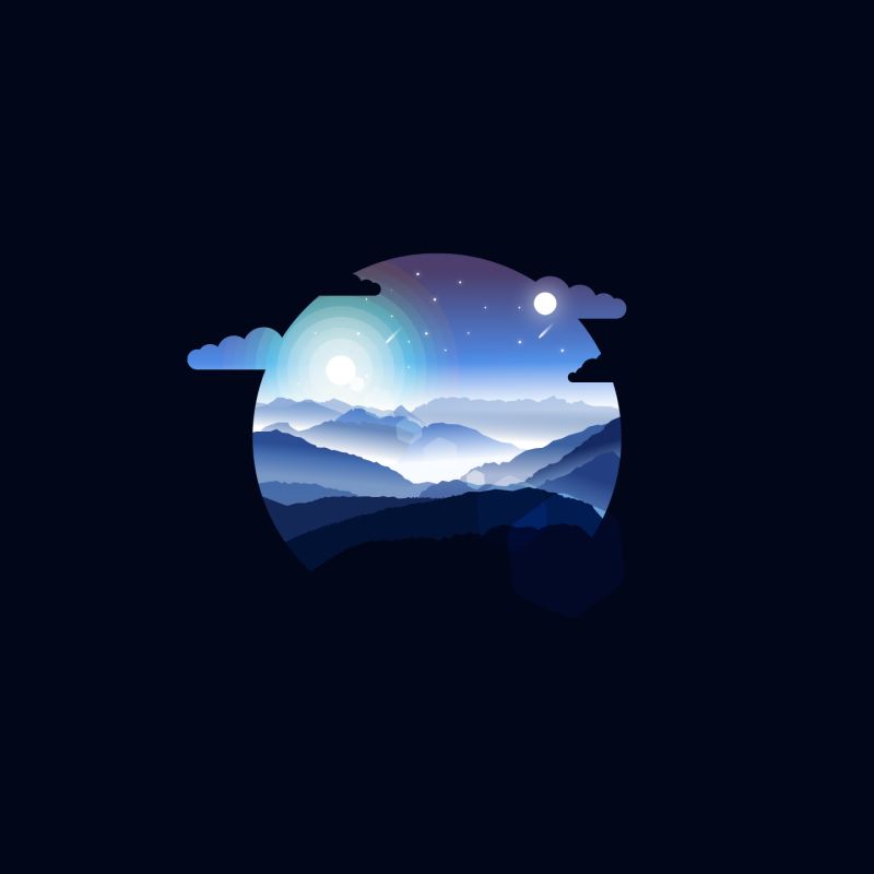 Artistic, minimalist forum avatar: circular nightscape with layered blue mountains, mist, moon and stars, framed by clouds on a deep dark background.