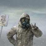 Forum avatar/pfp of a hooded military figure in a gas mask standing in falling snow, flashing a peace/victory sign.