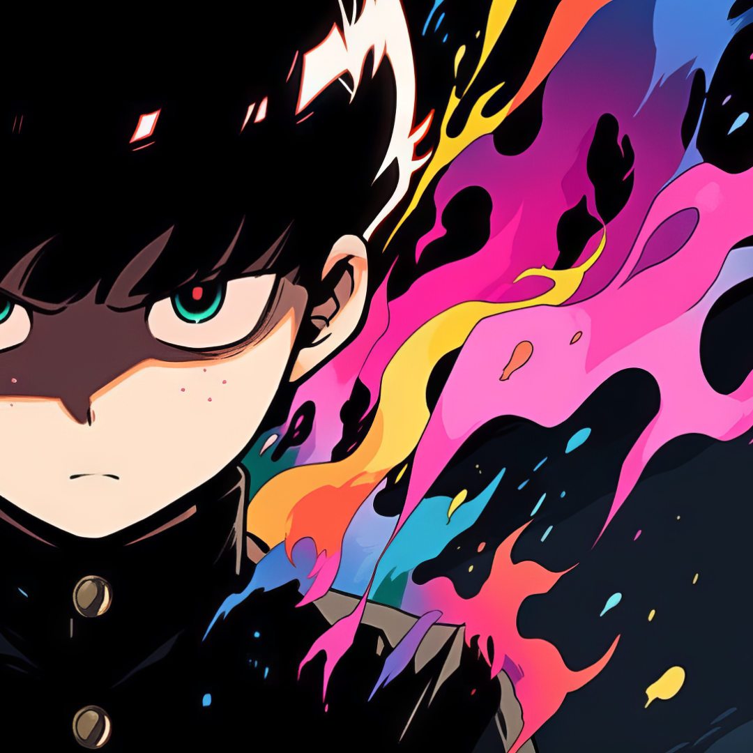 Close-up anime forum avatar of Mob from Mob Psycho 100: intense stare, dark school uniform, and a vivid multicolored psychic aura streaming from his shoulder.